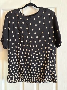 FU DA Fine Silk Blouse Women’s L 100% Silk Black White Polka Dot Short Sleeve